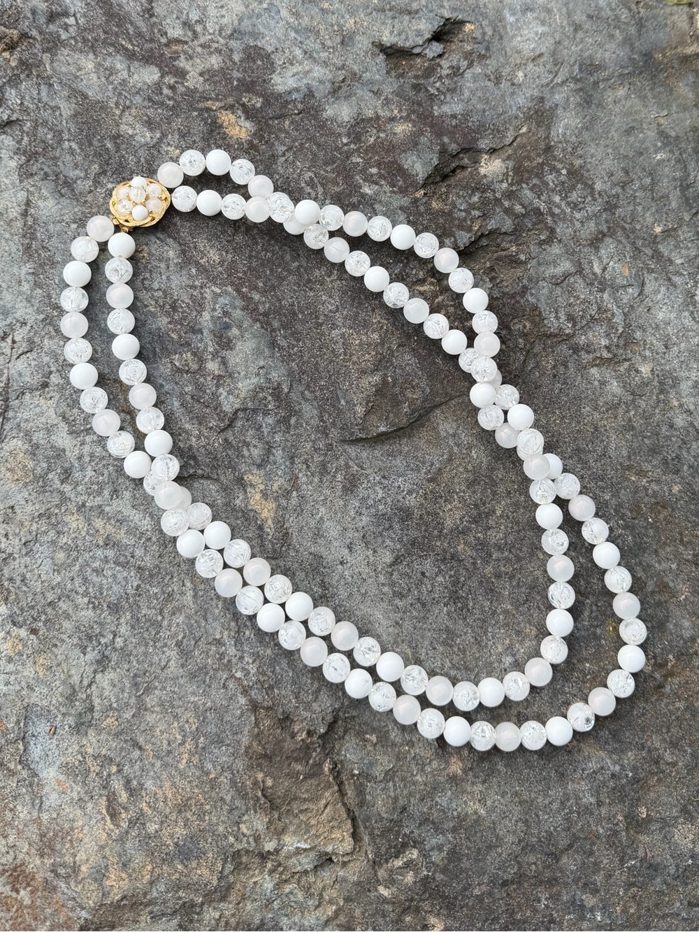 Vintage White Beaded Double Strand Necklace Ornate Gold Clasp